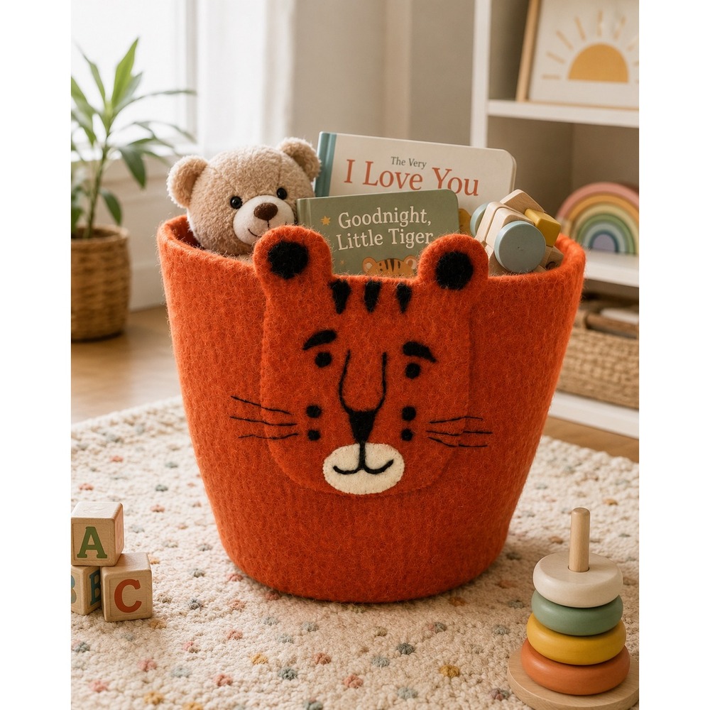Handmade Wool Felt Tiger Storage Basket Nursery Toy Bin Orange Animal Decor